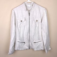 Chico s Women s Linen Blend Embroidered Beige Oatmeal Multi-Pocket Jacket Sz 2 L
