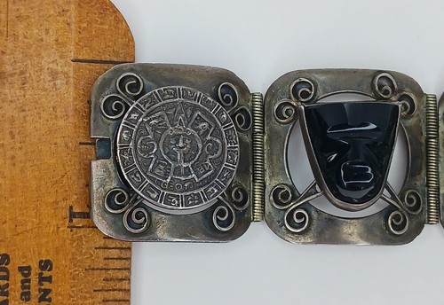 VINTAGE FADO EN MEXICO STERLINGSILBER & ONYX AZTEKISCHE MASKE ARMBAND SIGNIERT JE - Bild 11 von 12
