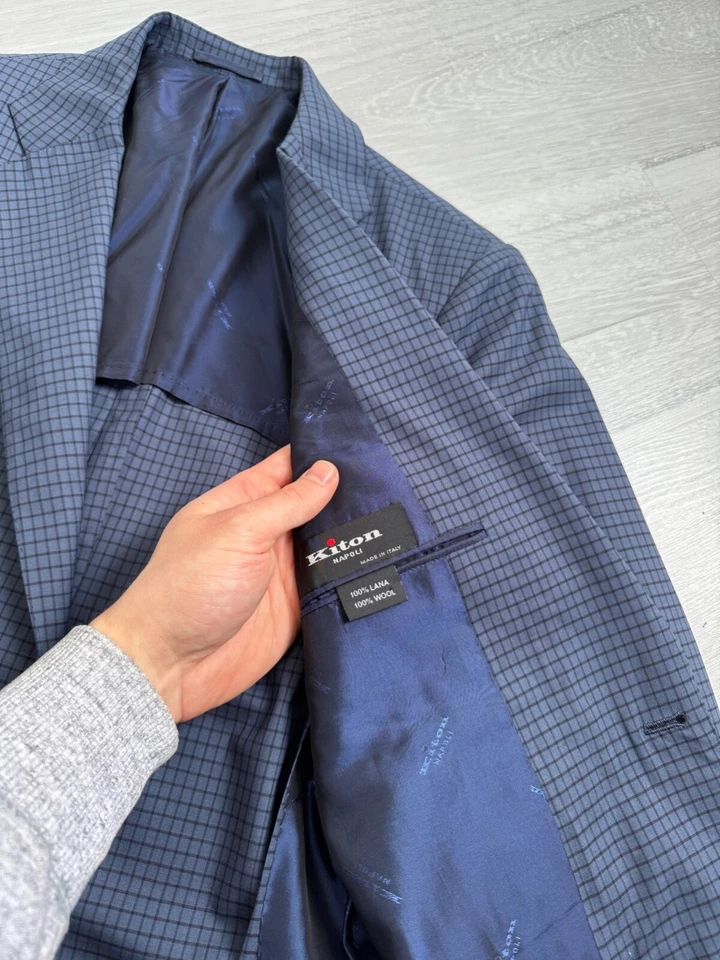 Men's KITON Napoli Wool Check Sport Coat Jacket Blazer Blue Size 48 US38 - Image 4 of 4