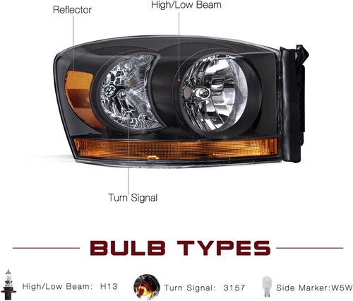 BLACK Headlights For 2006-2008 Dodge Ram 1500 2006-2009 Ram 2500 3500 - Picture 3 of 6