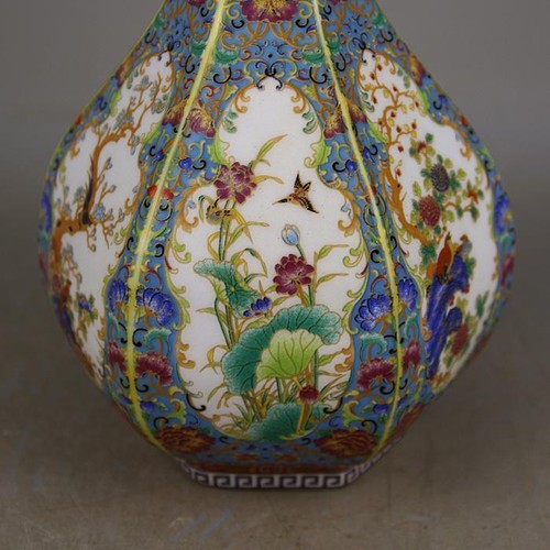 9.1" Chinese Qing Porcelain Colour Enamels Flower Bird Six Sides Garlic Vase - Picture 3 of 11