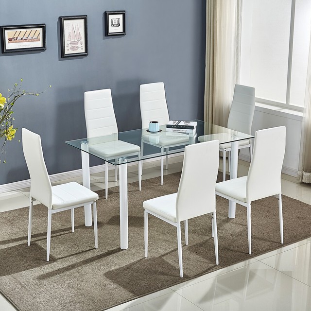 Clear Glass Dining Table Set And 6 Faux Leather Chairs Kitchen Furniture White