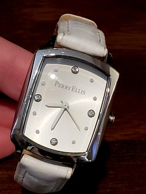 Perry Ellis White Leather Band Silver Rectangle Face Diamond Accent Wrist Watch