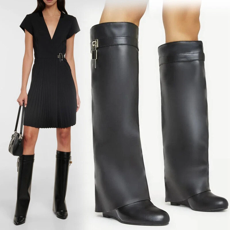 Retro Womens Round Toe High Wedge Heels Metal Lock Boots Oversized High Boots Sz - Image 2 of 4