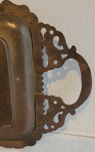 VINTAGE BRASS 3 PEACOCK FLORAL RECTANGLE ETCHED TRAY INDIA ENAMEL? NICE 29" X 8" - Picture 10 of 10