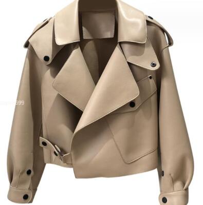 Women's Autunm Open Front Leather Bomber Jacket Sheepskin Motorcycle Blazer Coat