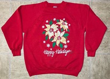 Vintage 90s Happy Holidays Christmas Sweatshirt Womens M/L Poinsettia Snowflakes