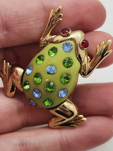 Vintage Brosche blau grün Strass rotäugig Frosch goldfarben Anstecknadel - Bild 3 von 6