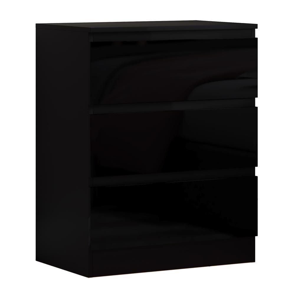 3 Drawer Bedside Table Modern Bedroom Furniture Handleless Design Black Gloss