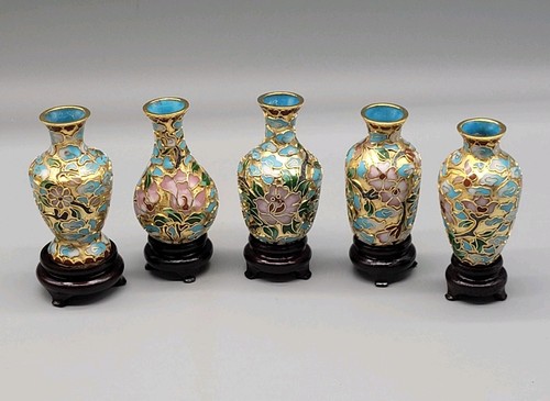 Juego De 5 Mini Jarrones Cloisonné De Colección Latón Esmaltado Floral con Soportes y Caja - Imagen 2 de 12