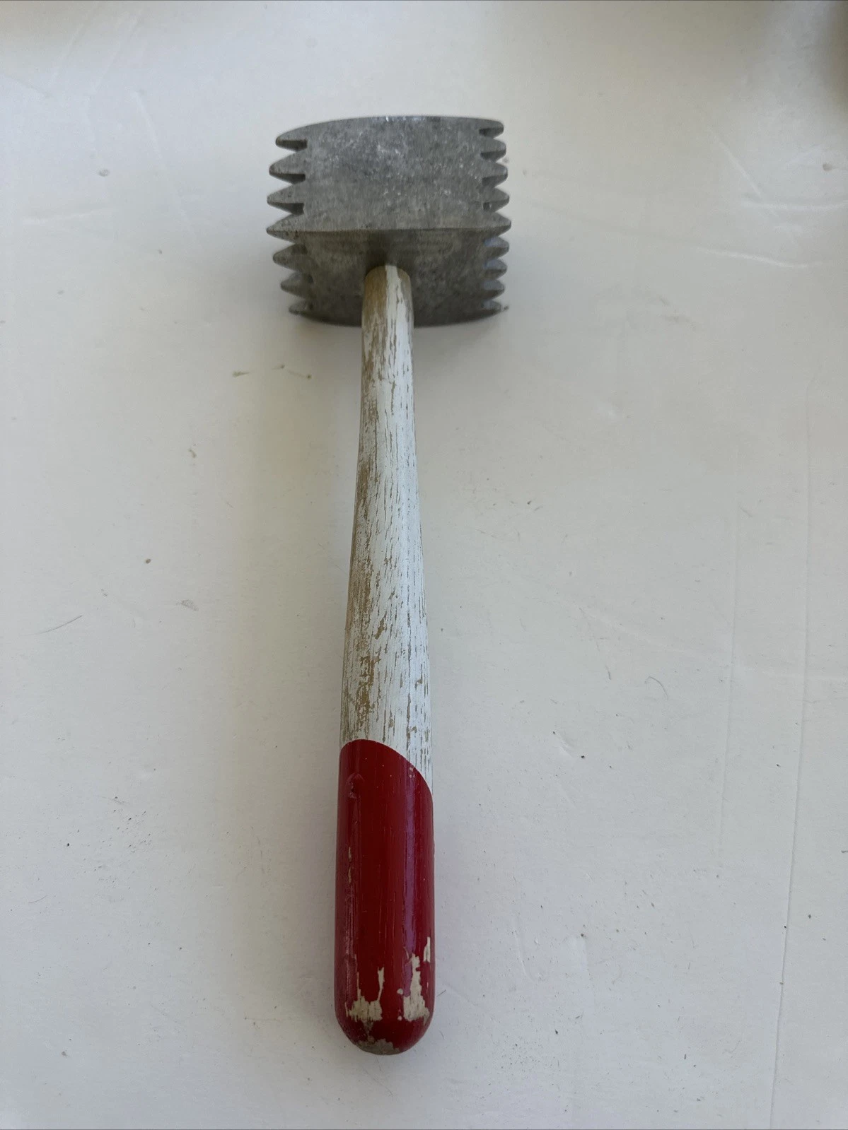 Vintage Meat Tenderizer Hammer Farmhouse Mallet Red & White Wood Handle 11”