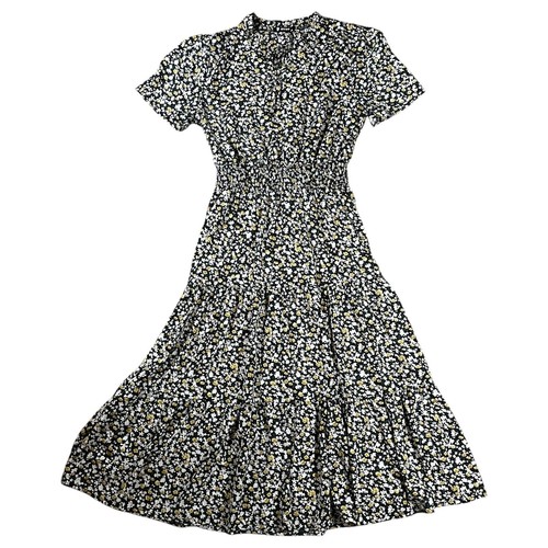 BTFBM Boho Kleid Blumenmuster Bindeband V-Ausschnitt Kurzarm A-Linie Midikleid Gr. M