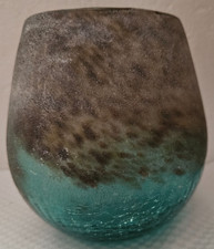 Contemporary Blown Glass Ombre Seafoam Teal Frosted Brown Crackle Vase