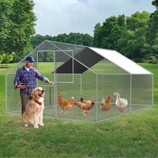 13x10 ft Walk-in Metal Chicken Coop Poultry Cage Pet House w/ Chicken Run Cover