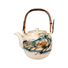 Vintage Hand-Painted Japanese Ceramic Teapot with Bamboo Handle Landscape Scene