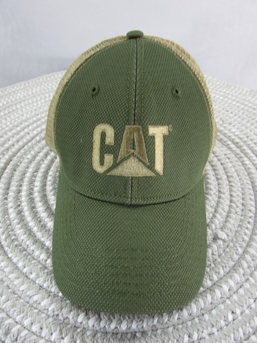 CAT Caterpillar Hat Cap Green Beige Strap Back Mesh Construction Hunting Mens