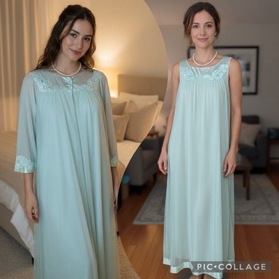 Vtg Gossard Artemis Sheer Chiffon Nightgown & Robe Set S Soft Blue Made in USA