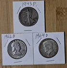 Lot of 3 90% Silver Half Dollars 1943 Walking Liberty 1962 Franklin 1964 Kennedy