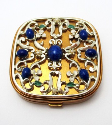 Vintage Evans vergoldetes Metall blau Cabochon Perle Emaille Pulver kompaktes Etui Box sehr guter Zustand