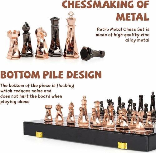 Elegant Metal Chess Set - 15" Marbled Wooden Board - Modern Metal Chess Pieces - Picture 2 of 6