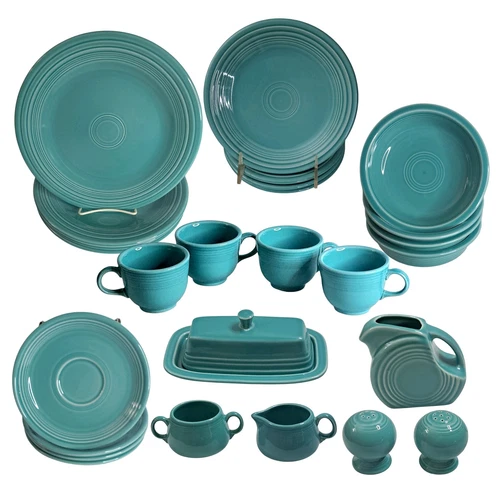 1990s Fiesta Service for 4 Dinnerware Set Plus Extras Turquoise, 27 Pieces Total