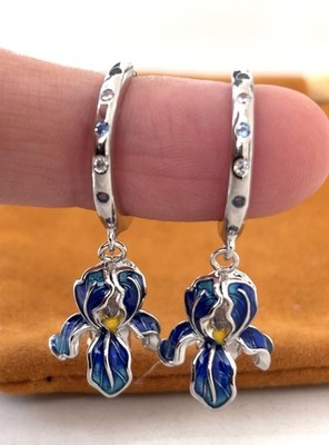 925 Sterling Silber blaue Emaille Iris Blume Creolen Ohrhänger Tropfen