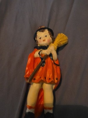 Girl Witch w Broom Orange Brown Hair Halloween Fall 7 