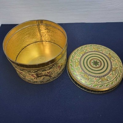 Vintage English Tin Box 6in Diameter Birds Deer Botanical Pattern Round
