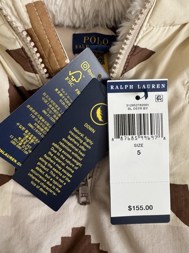 NWT Polo Ralph Lauren Aztec Print Cream Hooded Down Puffer Size 5 Kids; Ret $155 - Picture 4 of 8