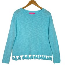 Lilly Pulitzer Sweater Womens S Turquoise Blue Tassel Hem Cotton Resort Pullove