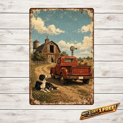 Country Farmhouse Truck Dog Sign Vintage Rural Life Metal Tin Wall Art 8x12