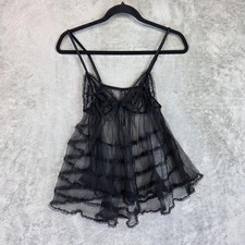 Victoria's Secret Babydoll Gown Womens L Black Sheer Mesh Ruffle Bow Lingerie