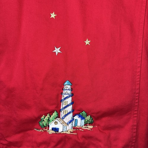 Quacker Factory Lightweight Denim Jacket Red Size Medium Hooded Lighthouses - Picture 9 of 17