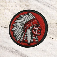 INDIAN CHIEF HEADDRESS EMBLEM PATCH IRON-ON EMBROIDERED RED ROUND LOGO