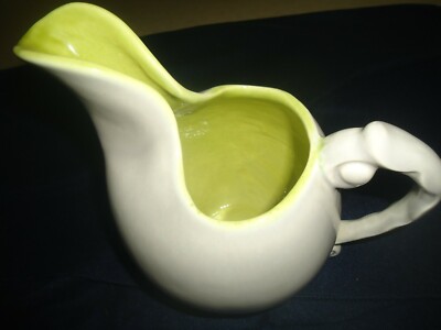 Vintage Royal Haeger USA R583 Creamy White With Green  Glaze Pitcher 7.75 Inch
