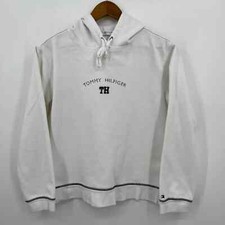 Tommy Hilfiger Pullover Hoodie Women's Size L White Drawstring Logo Vtg 90s
