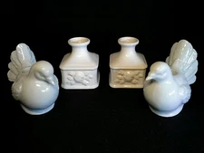 Japanese porcelain white dove john buck candlestick holders & 2 pedestal holders