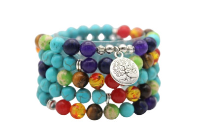 Malakette Armband Mala 108 Mala Perlen mit Türkis und Lebensbaum