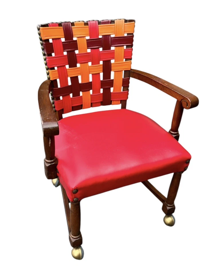 Par de sillas traseras con correa de madera rojas y naranjas de 1960 con ruedas MCM Mid Century Foto 2 de 4