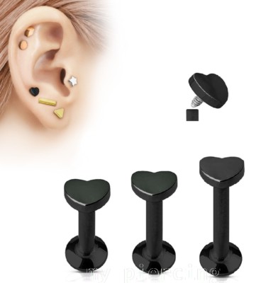 16G Heart Internally Threaded Black IP Surgical Steel Labret Monroe Cartilage