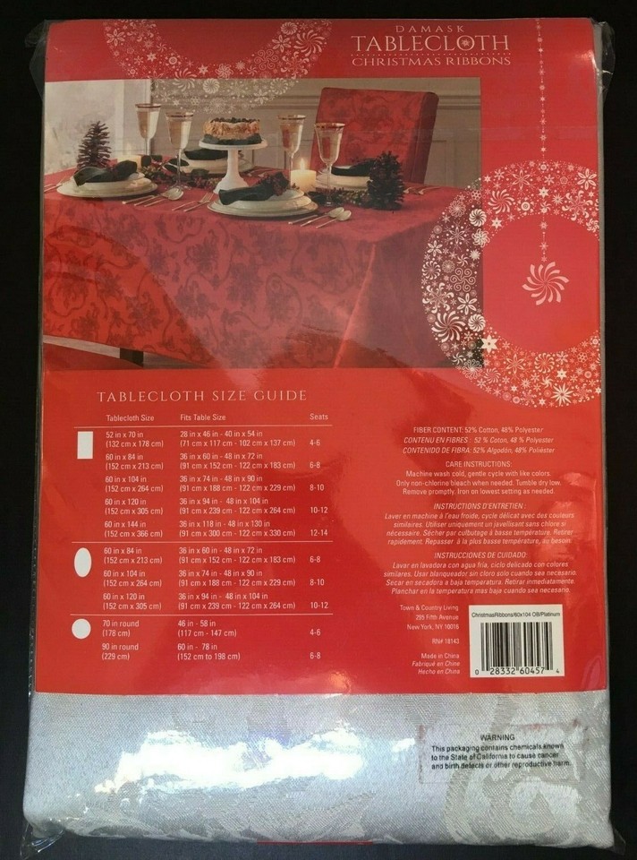 Christmas Ribbons Platinum Silver Gray Damask Fabric Tablecloth ...