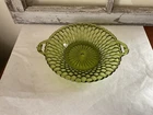Vintage Green Glass Candy Bowl Dish with Double Handle Honeycomb Pattern