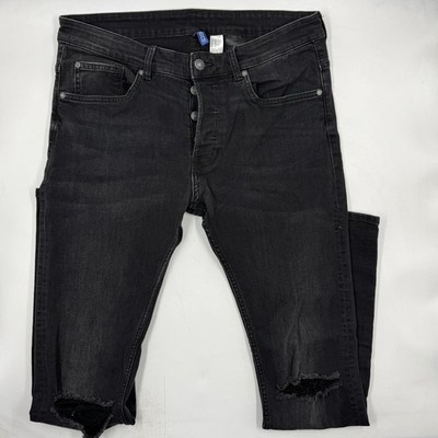 H&M Divided Jeans Mens 34x32 Black Skinny Slim Dark Wash Denim Cotton Distressed