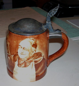 RARE 1800's LIDDED STEIN MONK FRIAR HOLDING BEER STEIN, MONSTER THUMB LIFT