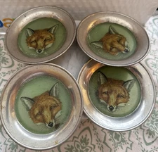 Vintage Stieff Pewter Fox Coasters Bacova Guild Fox Design Dish Cup Holder Set 4
