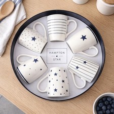 Mug Gift Set 6pcs Blue Hampton Star Bone China Tea Coffee Cups Hat Box New Home