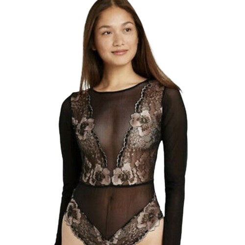 Teddy Body schwarz Spitze rosegold Langarm Größe XS
