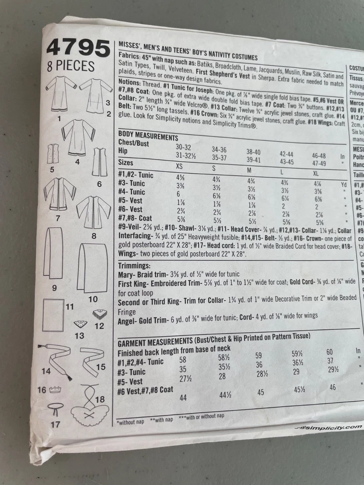 Simplicity 4795 Nativity Costumes For Teens and Adults XS-XL Sewing Pattern NEW - Image 4 of 4