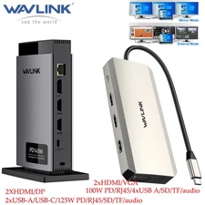 Wavlink USB C Docking Station Laptop 2xHDMI/VGA/DP/100W PD/RJ45/4xUSB A3.0