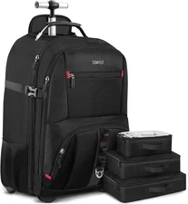 ZOMFELT Rolling Travel Carry On Backpack with Wheels fits 17 inch Laptop Black